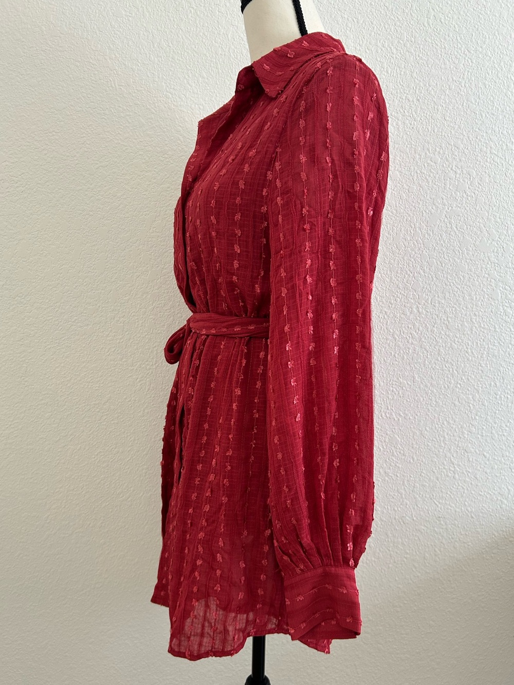 NEW SKYLAR ROSE Size S Cardinals Red Long Sleeve Button Down Short Dress BELTED - Picture 4 of 10